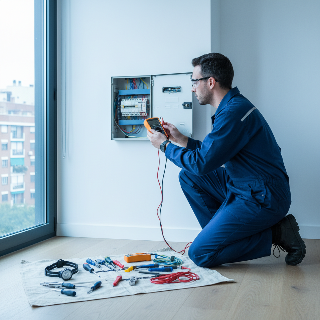 Electricista profesional realizando pruebas de continuidad en un cuadro eléctrico residencial en Chamartín
