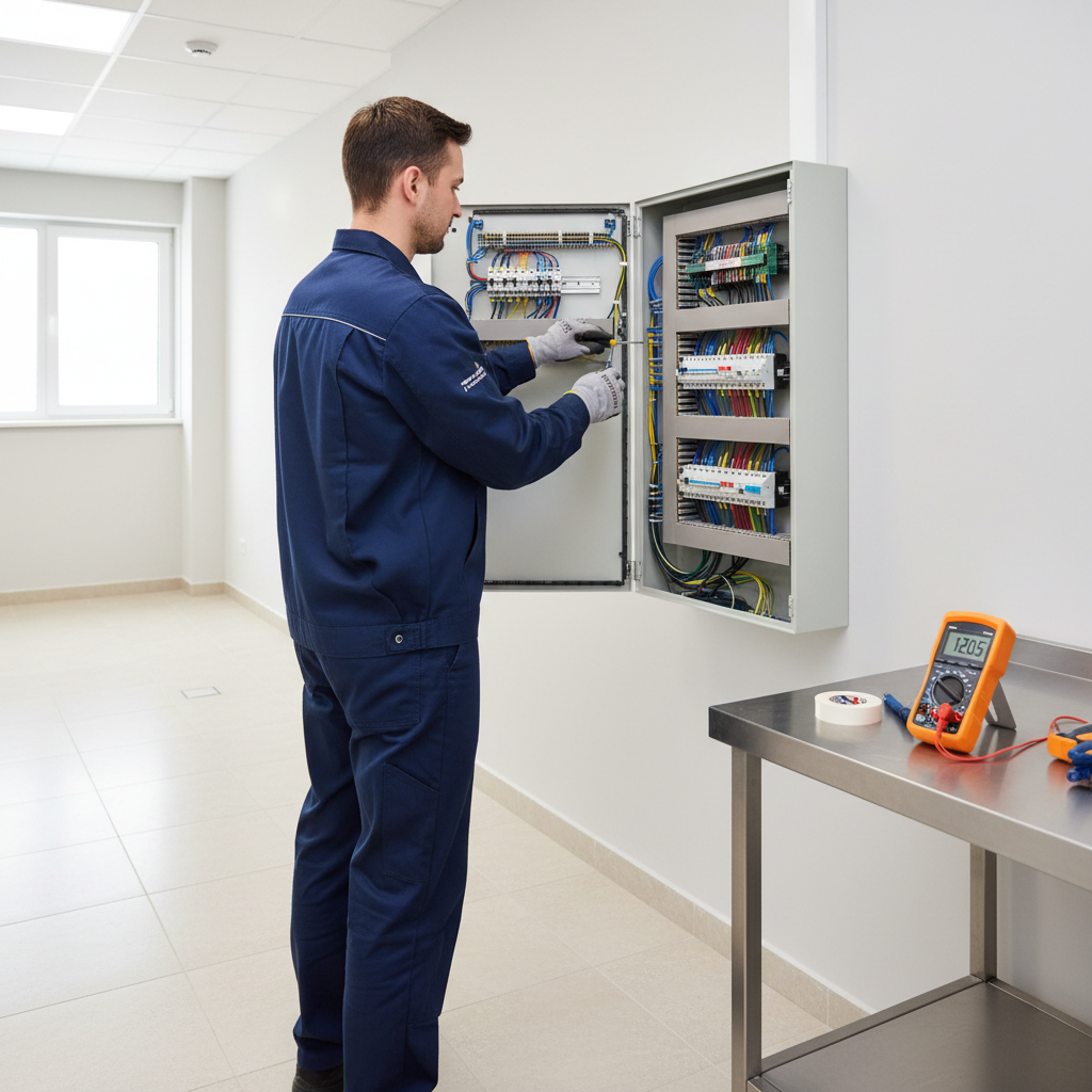 Electricista autorizado en Madrid centro revisando un cuadro eléctrico en un piso reformado
