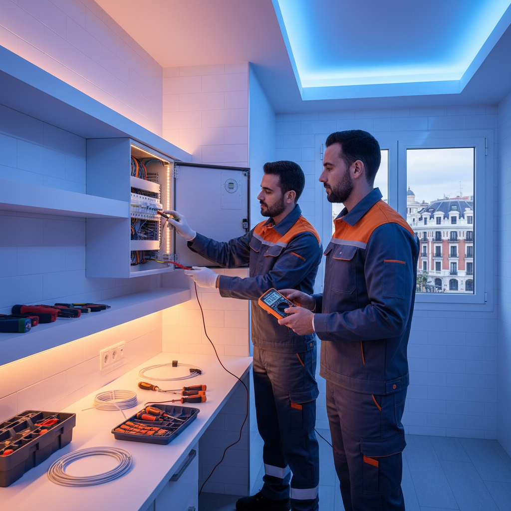 Electricista en Madrid realizando una revisión técnica del cuadro eléctrico con equipos de medición.