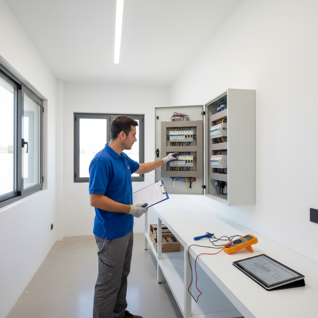 Instalador autorizado realizando la inspección de un cuadro eléctrico para emitir el certificado de instalación eléctrica en Las Rozas.
