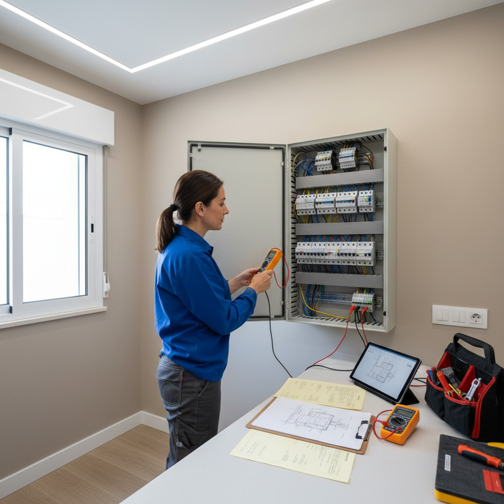 Técnico realizando inspección del cuadro eléctrico tras una reforma en Parla