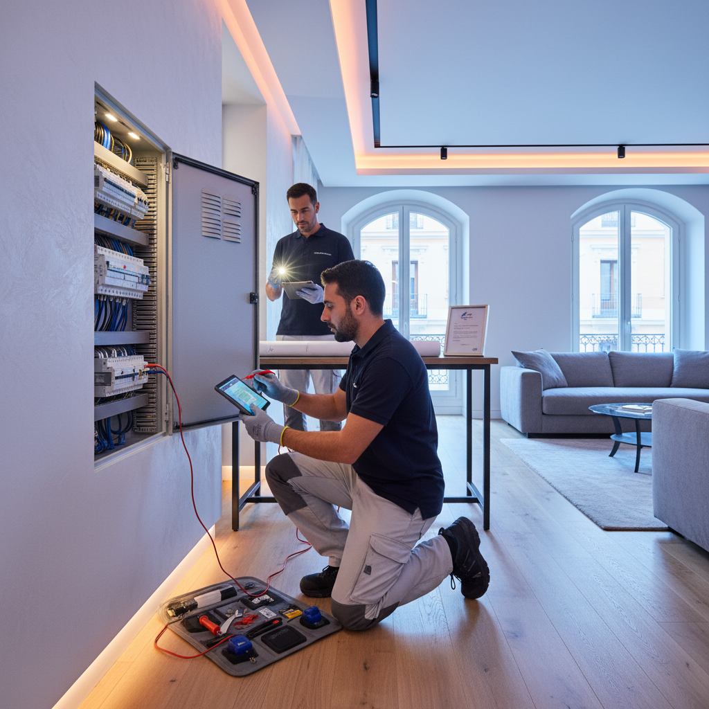 Electricista autorizado realizando la revisión técnica para emitir el boletín eléctrico en Chamberí, Madrid