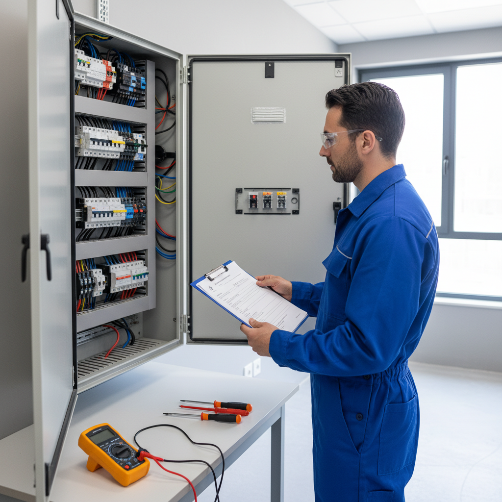 Técnico revisando el cuadro eléctrico para emitir el certificado eléctrico de cambio de titularidad en Alcobendas