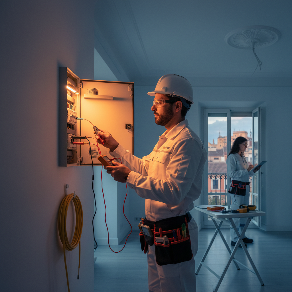 Electricista autorizado comprobando un cuadro eléctrico moderno en una vivienda del barrio de Chamberí en Madrid