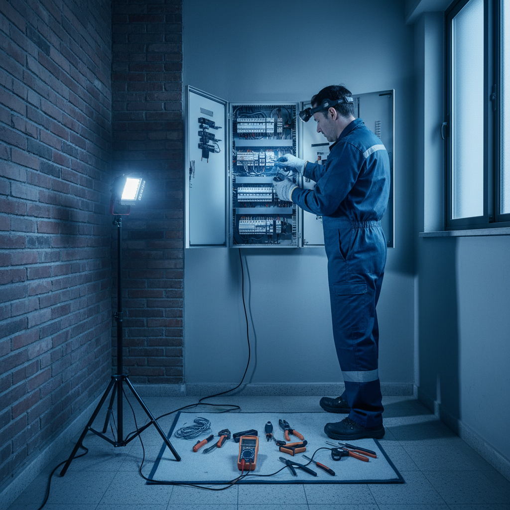 Técnico electricista revisando un cuadro eléctrico residencial con equipamiento de medición en San Sebastián de los Reyes