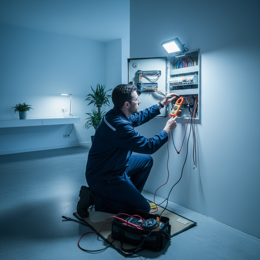 Electricista revisando un cuadro eléctrico y comprobando un enchufe en una vivienda de Arganzuela