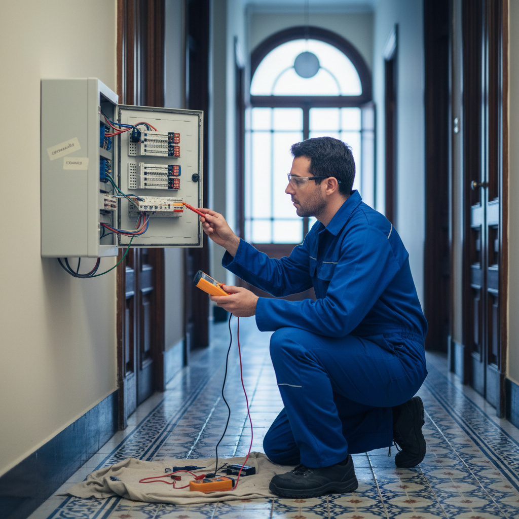 Técnico especialista revisando el cuadro eléctrico en un edificio de Chamberí para la localización de un cortocircuito
