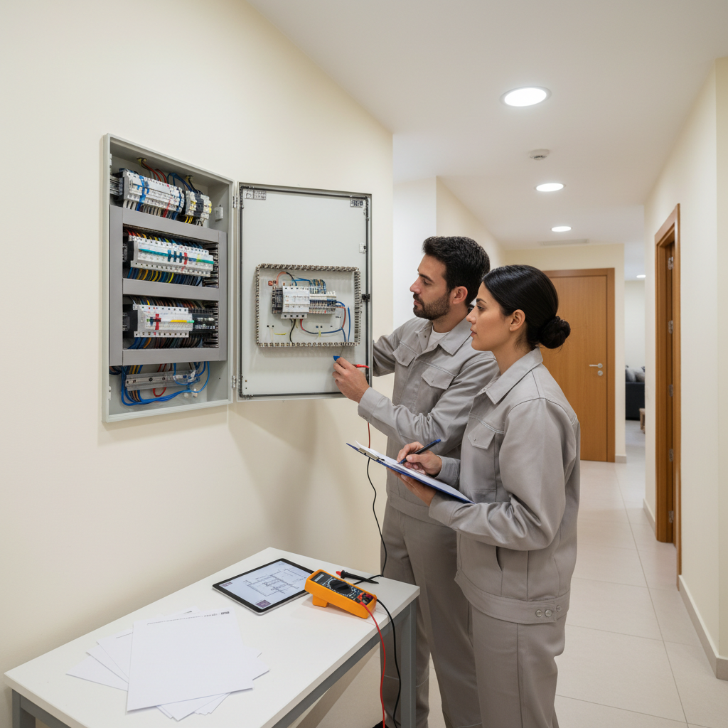 Técnico especialista realizando la verificación del cuadro eléctrico para expedir el certificado de instalación eléctrica en Móstoles