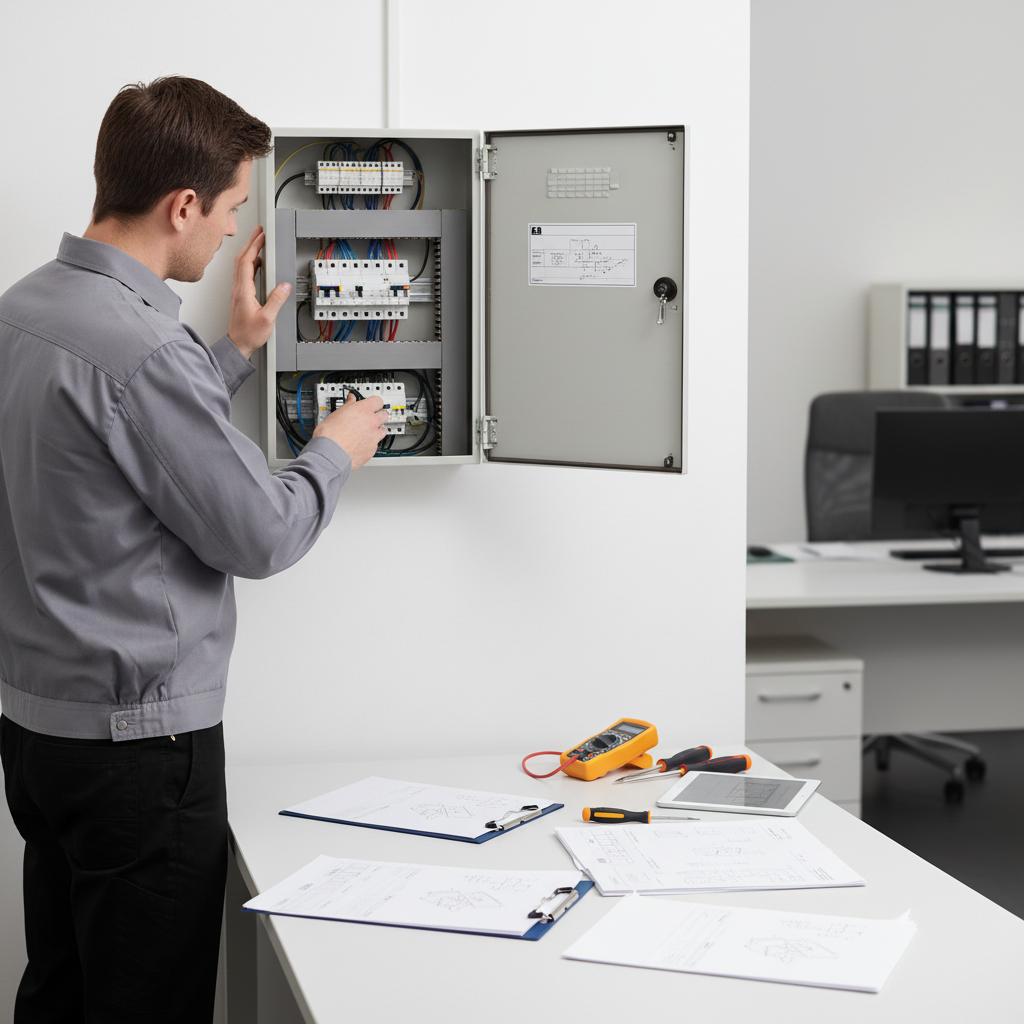 Técnico especialista realizando la inspección del cuadro eléctrico para expedir el boletín eléctrico de alta de luz en Rivas-Vaciamadrid.