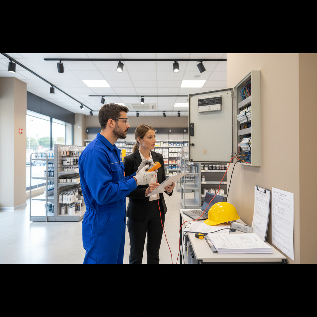 Técnico realizando inspección para certificado eléctrico para local comercial en Madrid