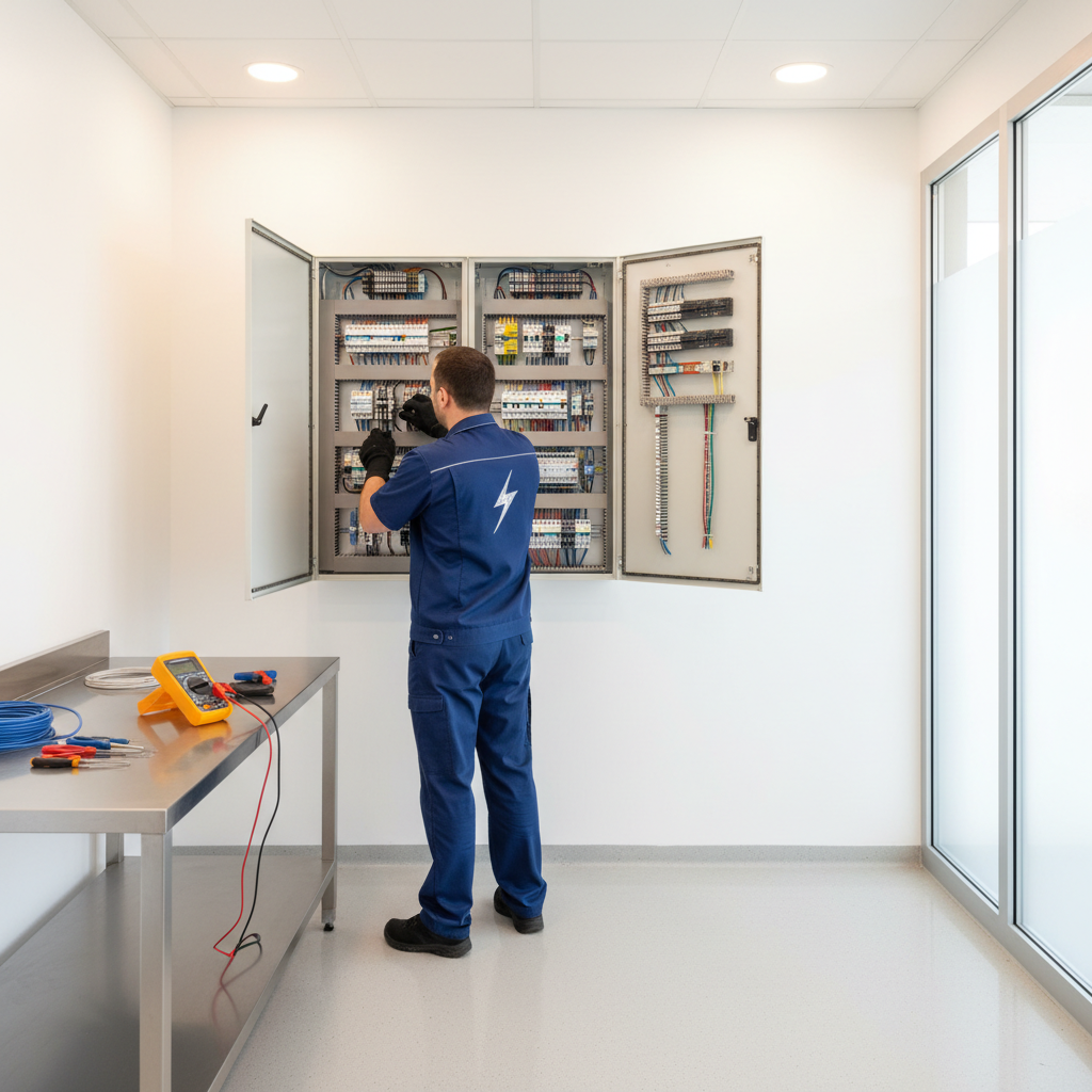 Técnico electricista revisando cuadro eléctrico en vivienda de Alameda de Osuna