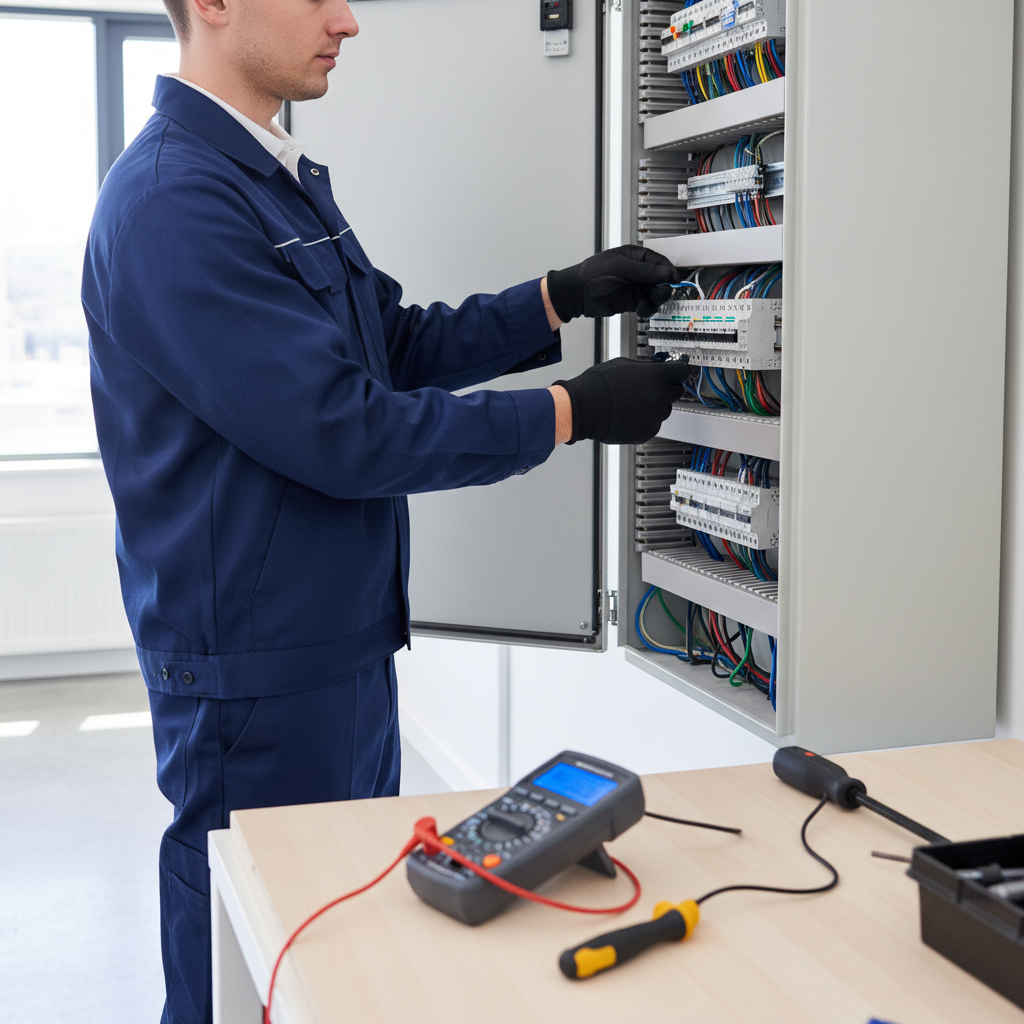 Técnico especialista revisando protecciones eléctricas en un cuadro residencial en Madrid