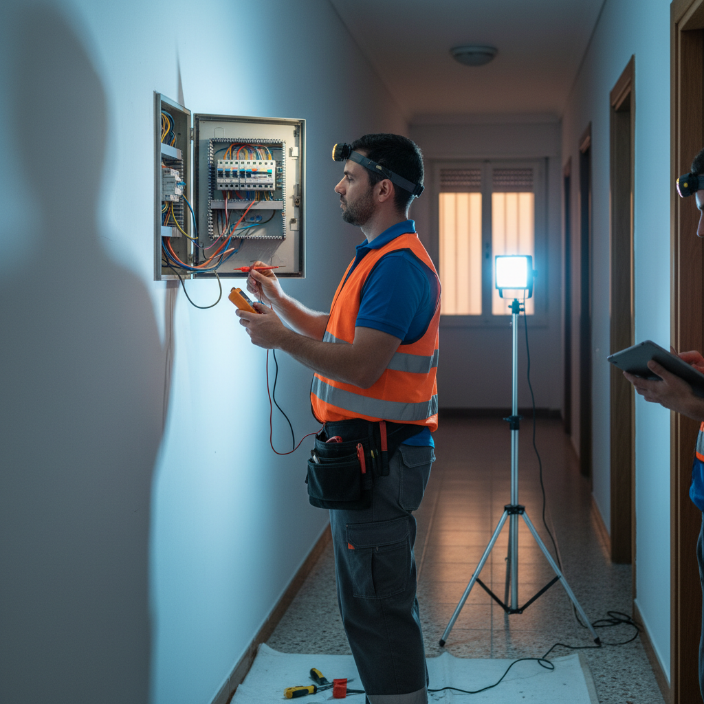 Técnico electricista realizando una verificación técnica en el cuadro eléctrico de una vivienda en Latina