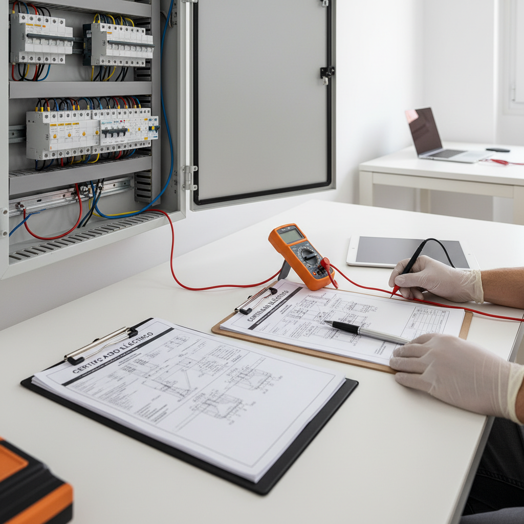 Técnico especialista inspeccionando un cuadro eléctrico reformado para expedir el CIE en Alcalá de Henares