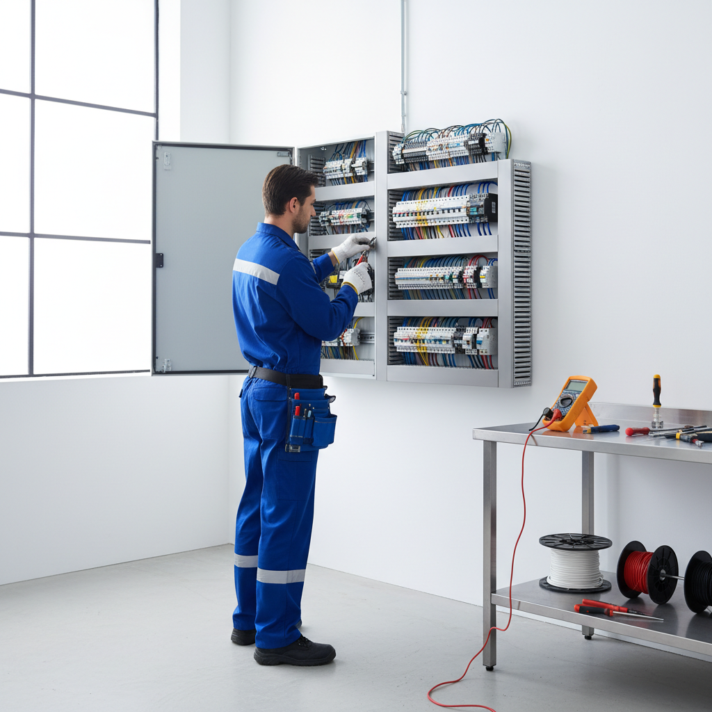 Técnico electricista revisando un cuadro eléctrico residencial con instrumentación de medida en Chamartín