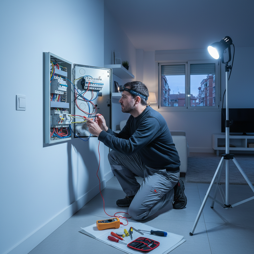 Electricista profesional analizando una derivación en el cuadro eléctrico de una vivienda en Alcorcón