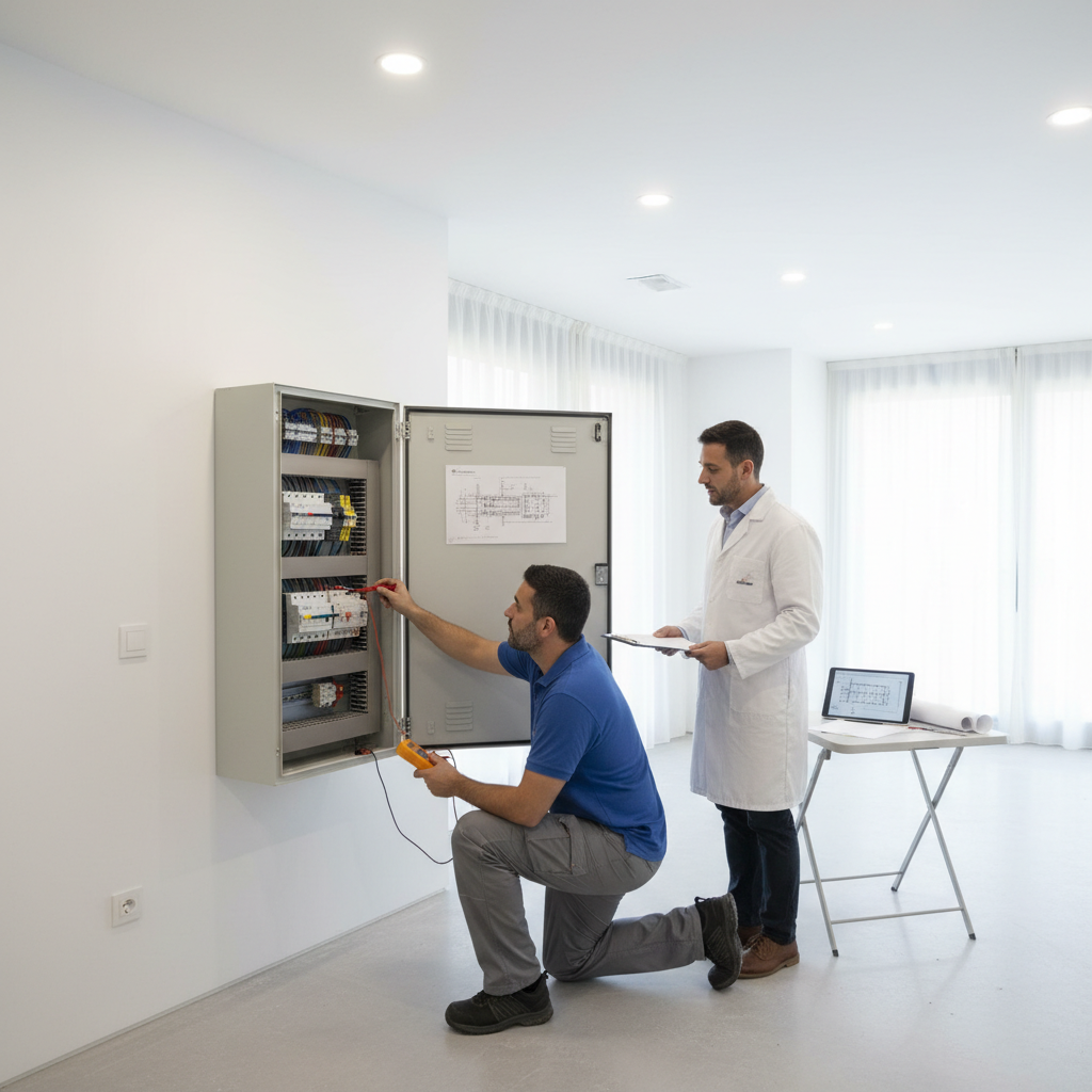 Técnico electricista revisando un cuadro de distribución para la tramitación del boletín eléctrico en Móstoles
