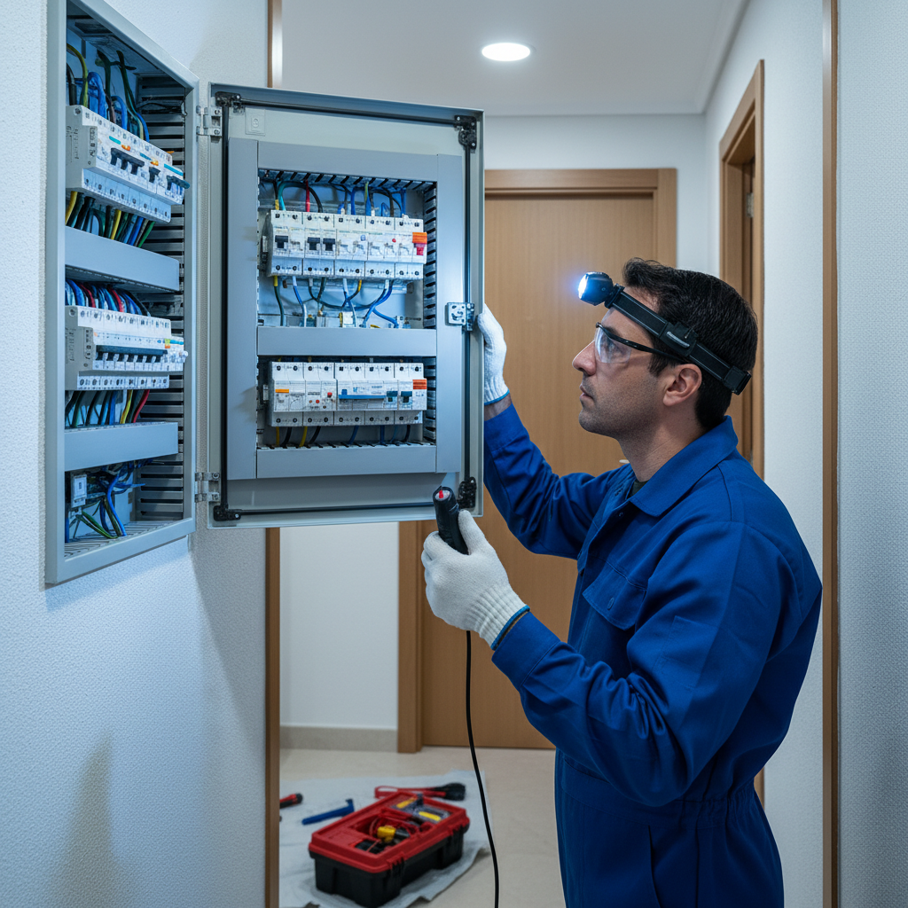 Técnico electricista revisando un cuadro eléctrico en una vivienda del distrito de Tetuán en Madrid