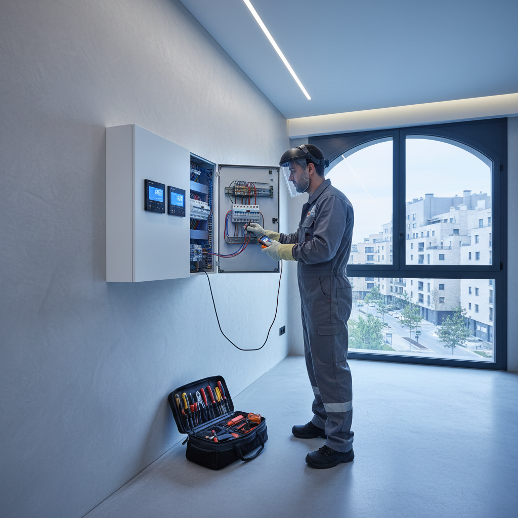Técnico electricista revisando cuadro eléctrico tras un cortocircuito en Montecarmelo Sanchinarro