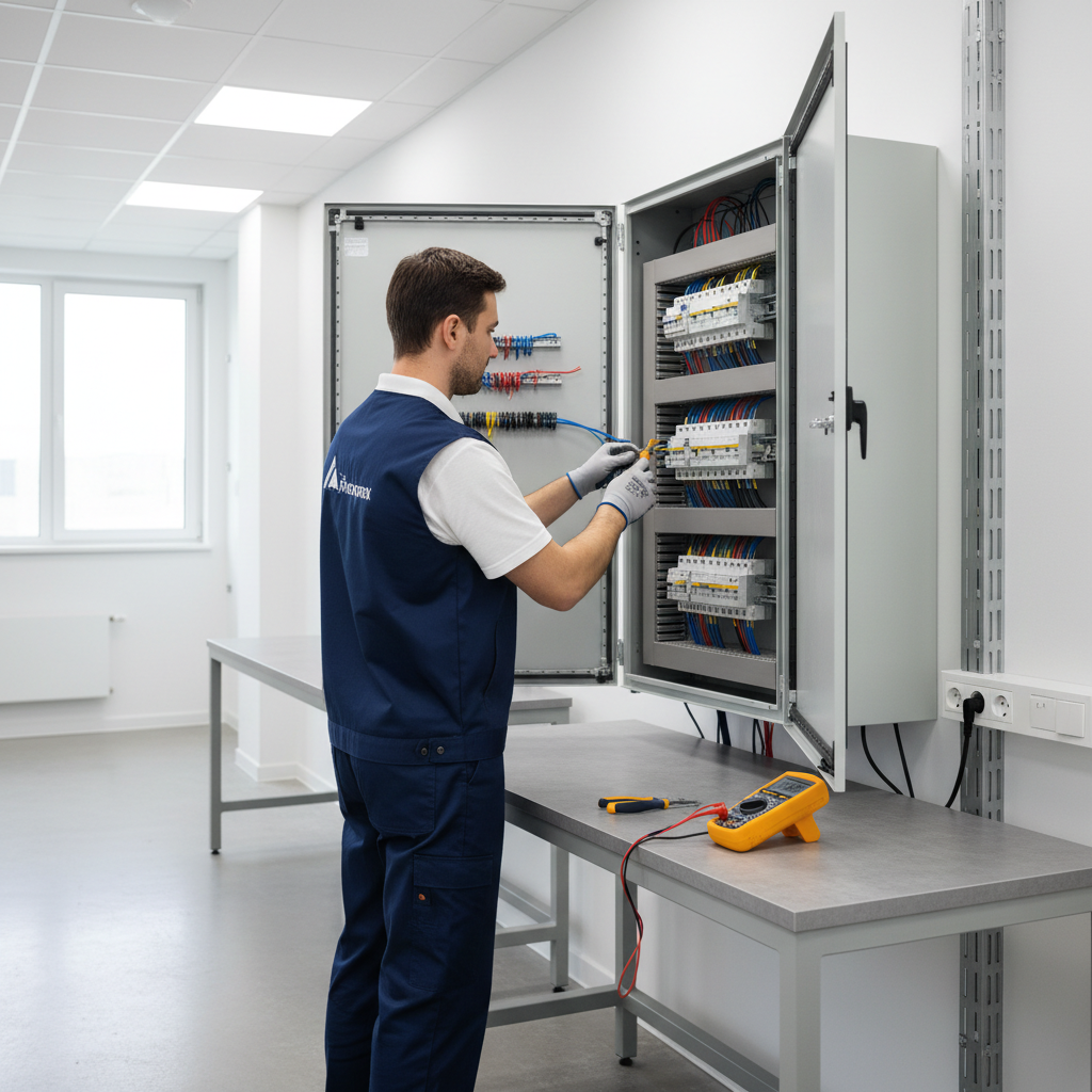 Electricista de urgencias comprobando un cuadro eléctrico residencial en el distrito de Barajas