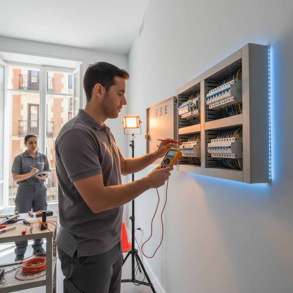 Electricista revisando un cuadro eléctrico para un aumento de potencia eléctrica en Embajadores, Madrid