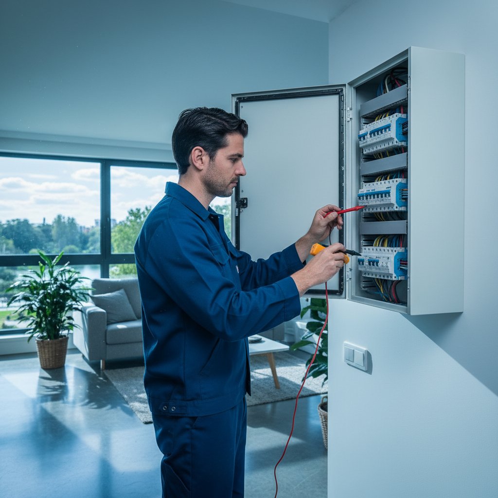 Técnico electricista revisando un cuadro eléctrico residencial en el distrito de Retiro en Madrid