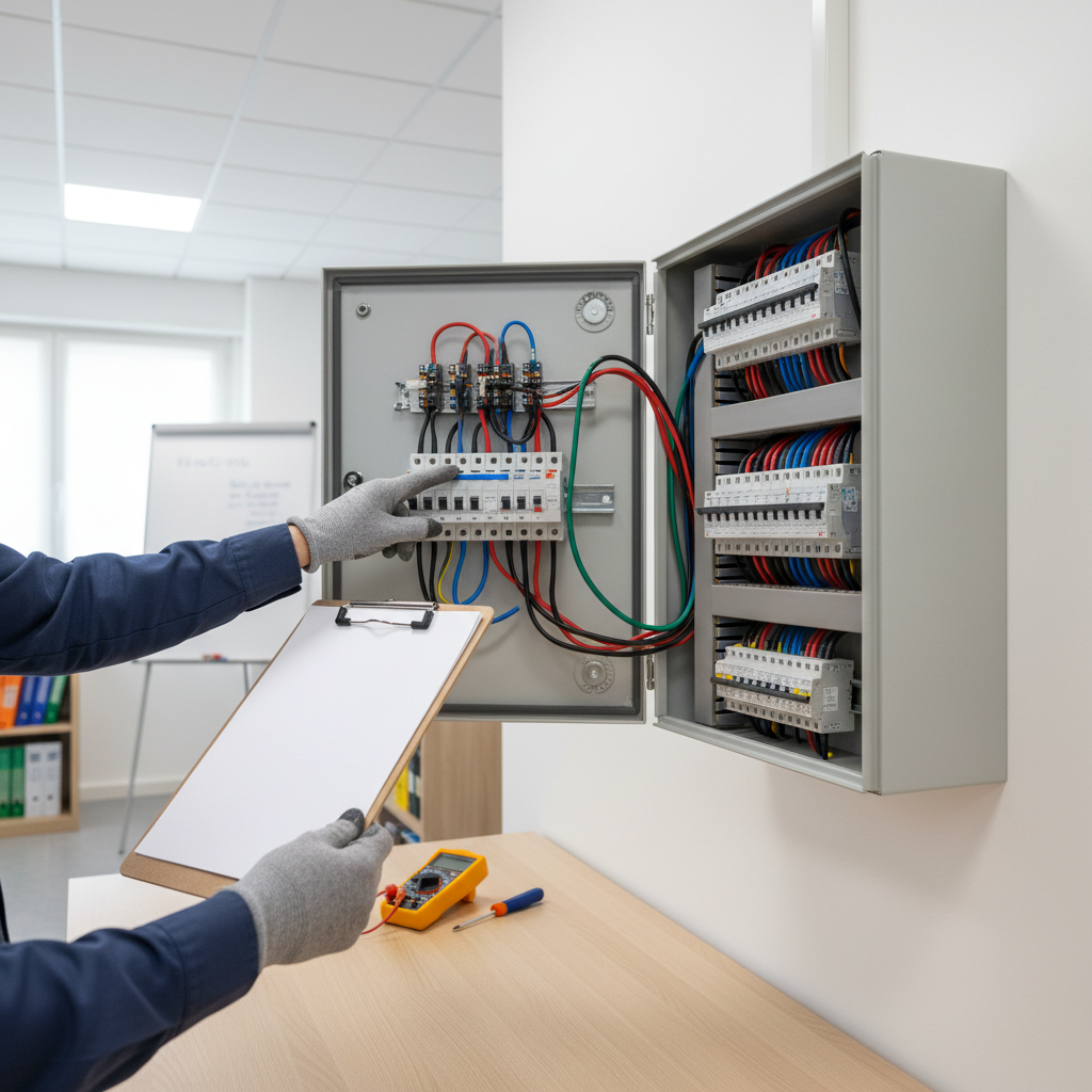 Técnico instalador realizando la verificación de un cuadro eléctrico para la emisión del certificado de instalación eléctrica en Getafe