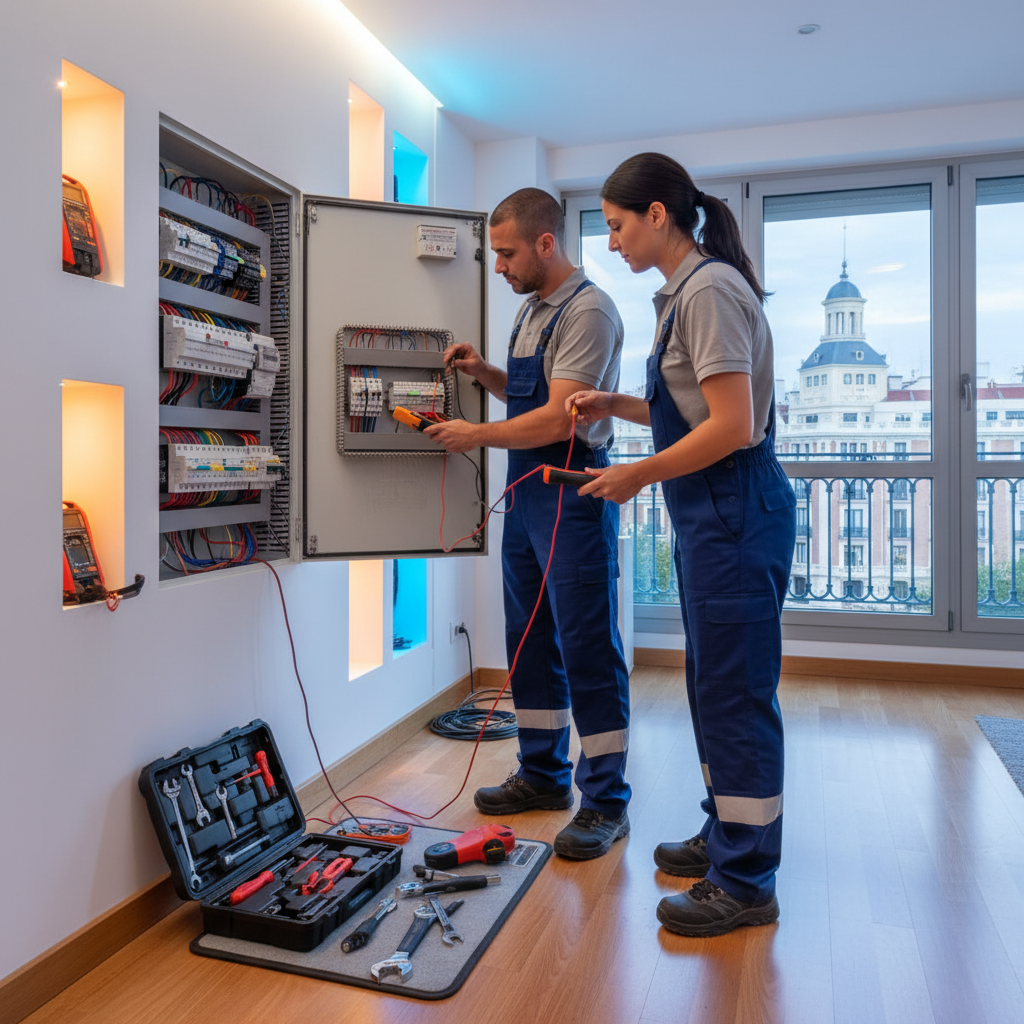 Electricista autorizado realizando reparaciones eléctricas urgentes en una vivienda del barrio de Universidad, Madrid