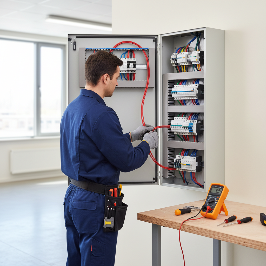 Electricista autorizado realizando una reparación urgente de un cuadro eléctrico en el barrio de Sol, Madrid