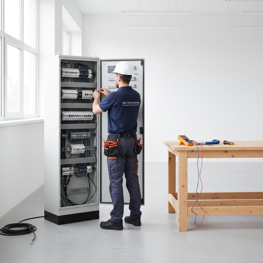 Electricista autorizado de Telelectric inspeccionando un cuadro eléctrico moderno en una vivienda en Chamberí Madrid