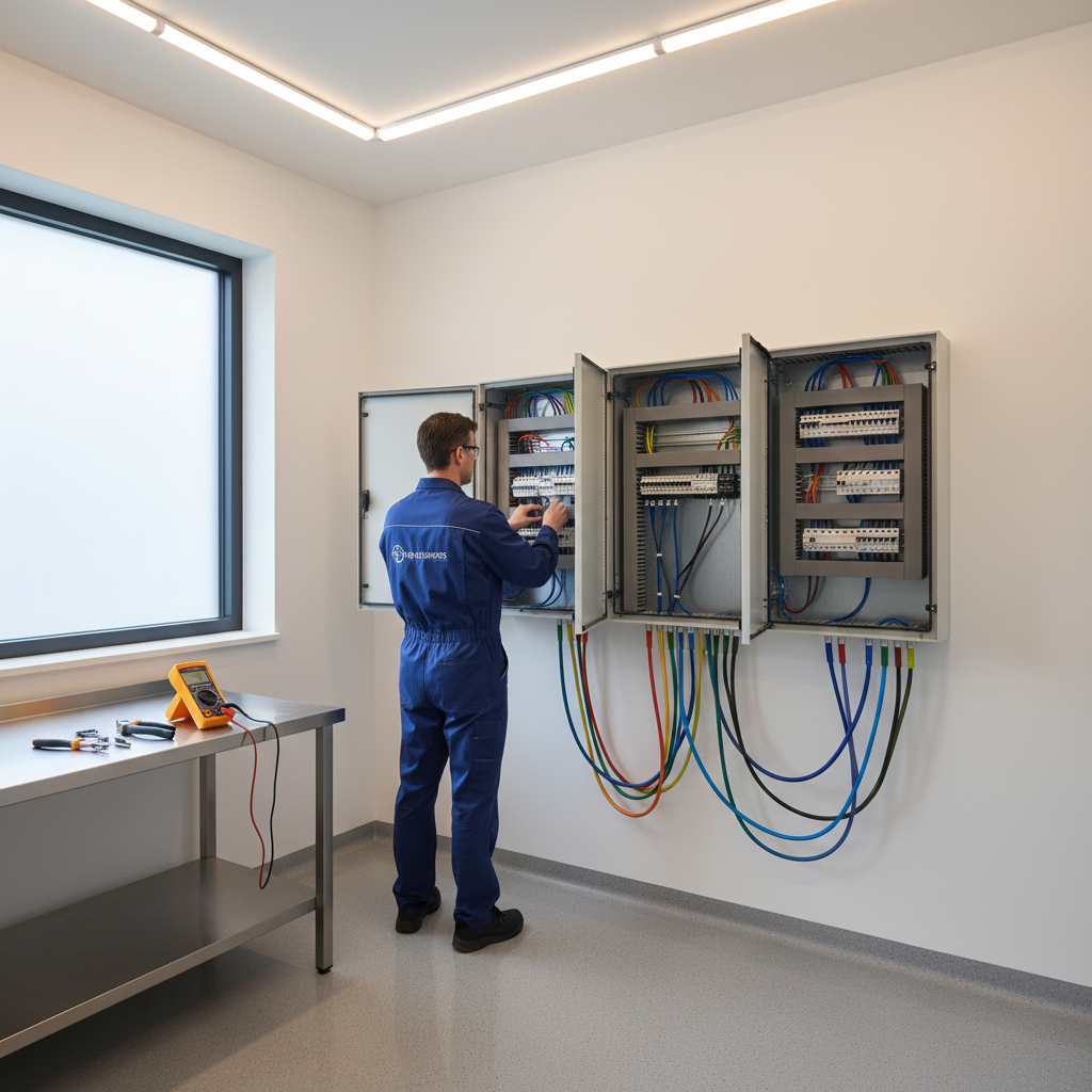 Técnico electricista revisando un cuadro eléctrico en una vivienda en Arganzuela