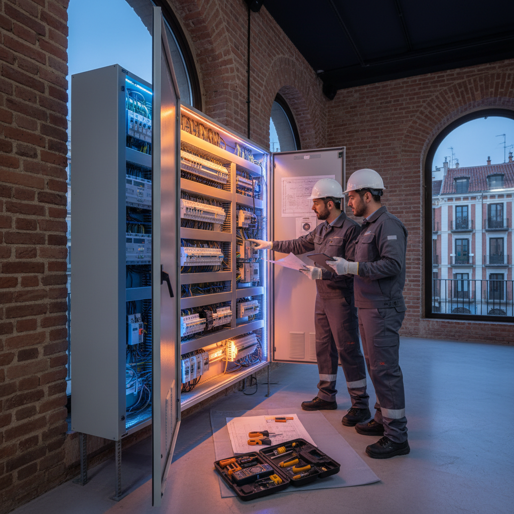 Electricista urgente realizando un diagnóstico de seguridad en un cuadro eléctrico moderno en Malasaña, Madrid.