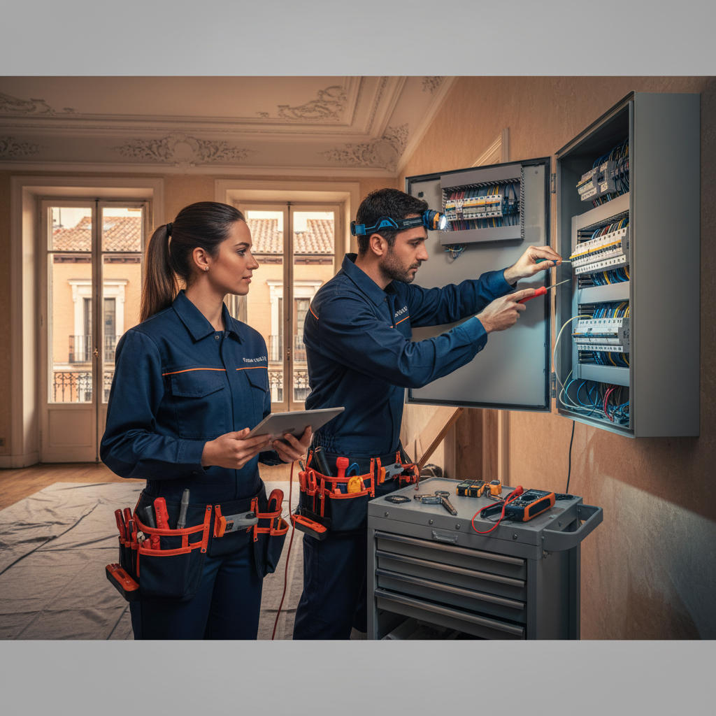 Electricista autorizado realizando la revisión técnica de un cuadro eléctrico en una vivienda del barrio de Embajadores en Madrid