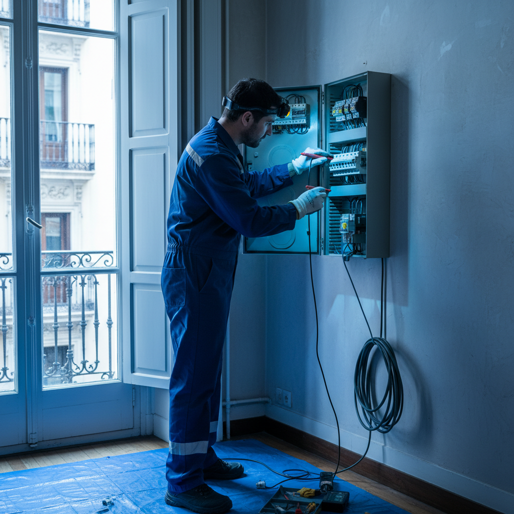 Técnico electricista revisando un cuadro de protección eléctrica en una vivienda del barrio de Retiro en Madrid