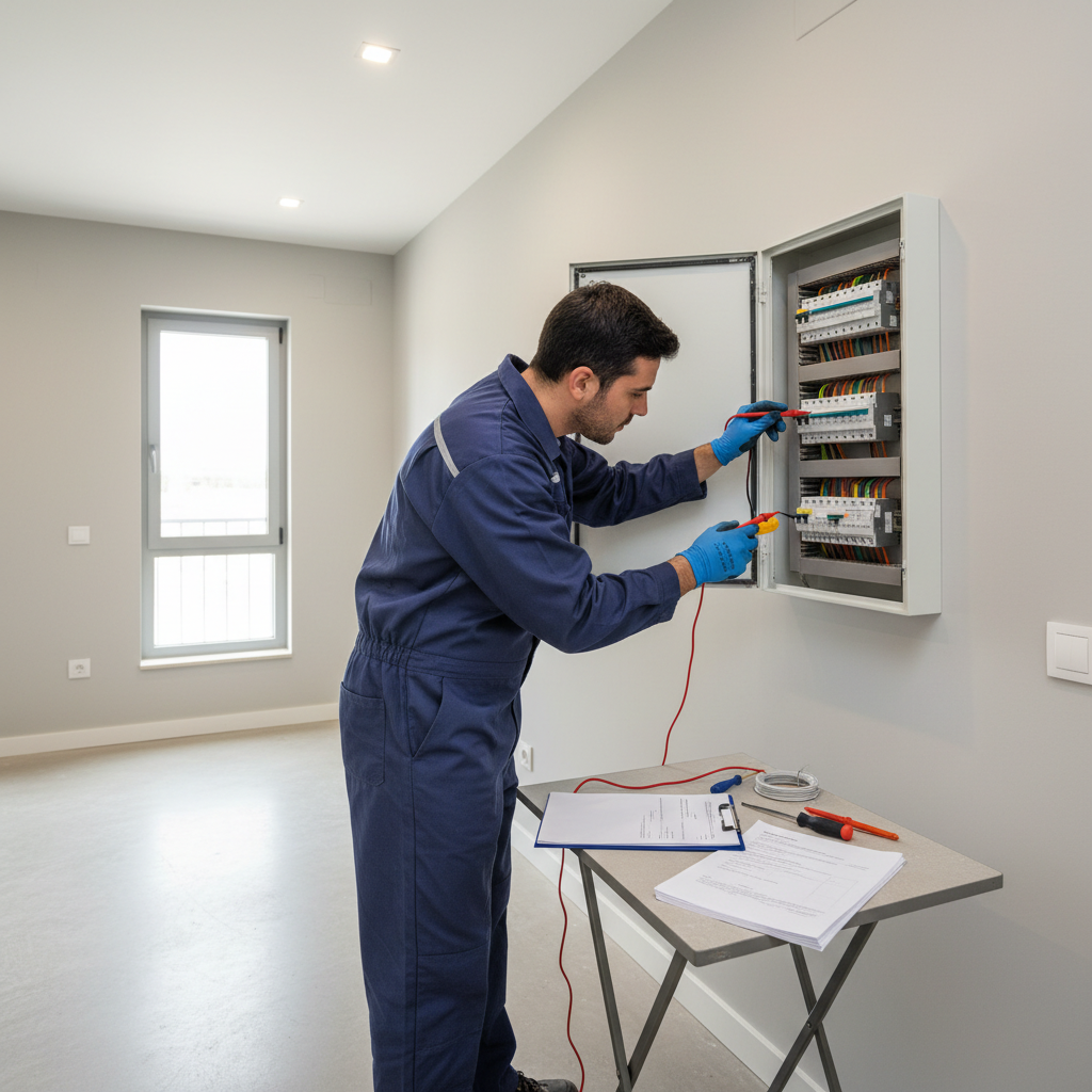 Técnico especialista realizando la revisión del cuadro eléctrico para emitir un boletín eléctrico en Rivas-Vaciamadrid