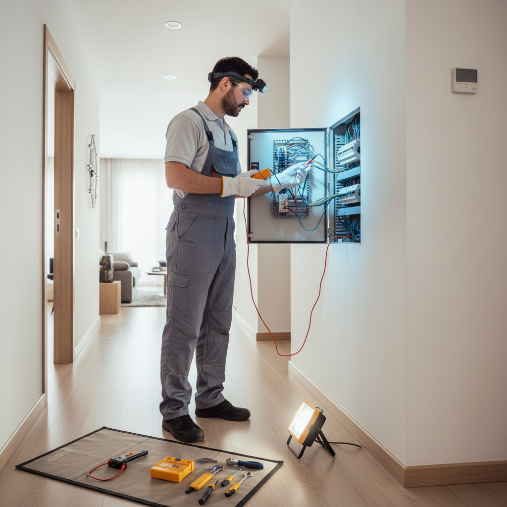 Técnico electricista realizando el diagnóstico urgente de un cuadro eléctrico residencial en Pozuelo de Alarcón