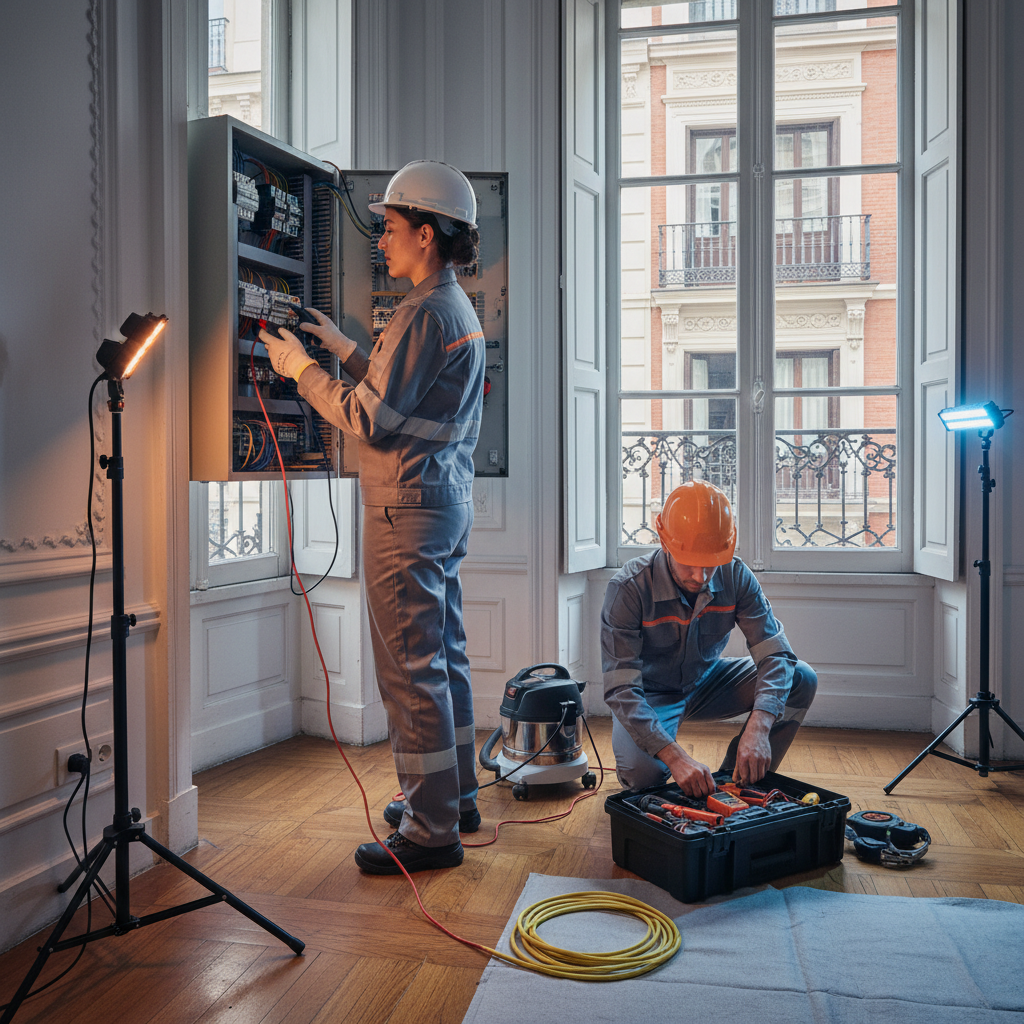 Electricista autorizado comprobando un cuadro eléctrico en un edificio del barrio de Palacio en Madrid