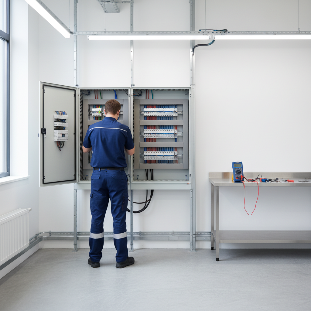 Electricista autorizado realizando una inspección técnica en un cuadro eléctrico residencial en Lavapiés, Madrid