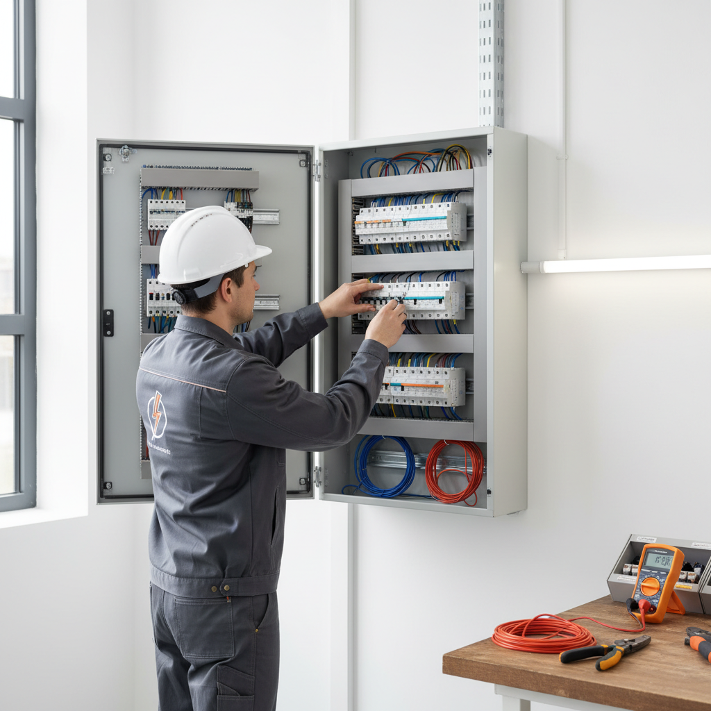 Técnico especialista revisando las conexiones de un cuadro eléctrico en un piso del distrito de Arganzuela.