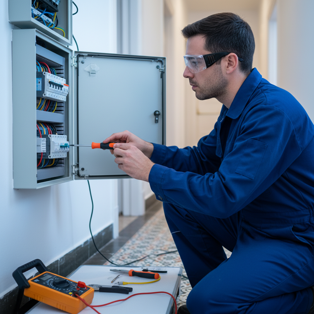 Electricista profesional realizando el cambio de un magnetotérmico en un cuadro eléctrico residencial en Madrid.