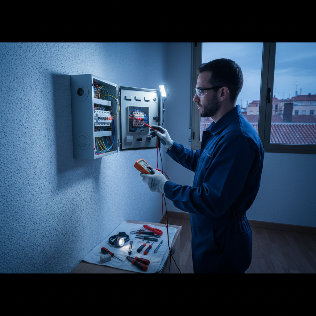 Técnico electricista revisando las conexiones internas de un cuadro eléctrico en una vivienda del distrito de Tetuán en Madrid.