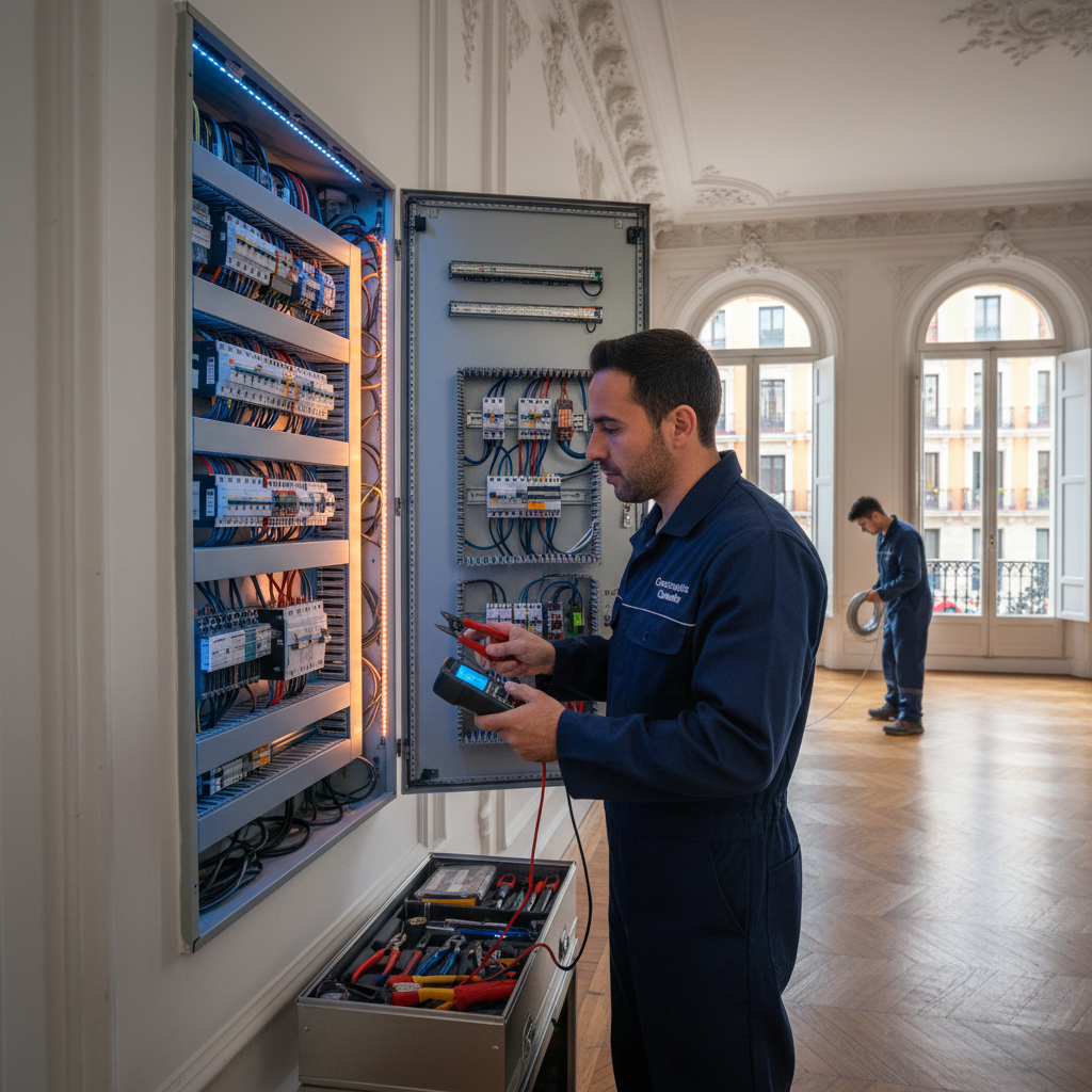 Electricista revisando un cuadro eléctrico en una vivienda de Chamberí