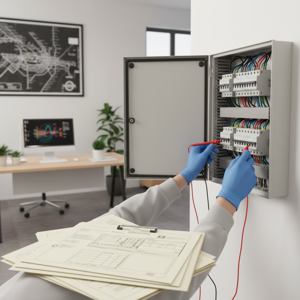 Técnico especialista revisando cuadro eléctrico para emisión de certificado de instalación eléctrica en Alcalá de Henares