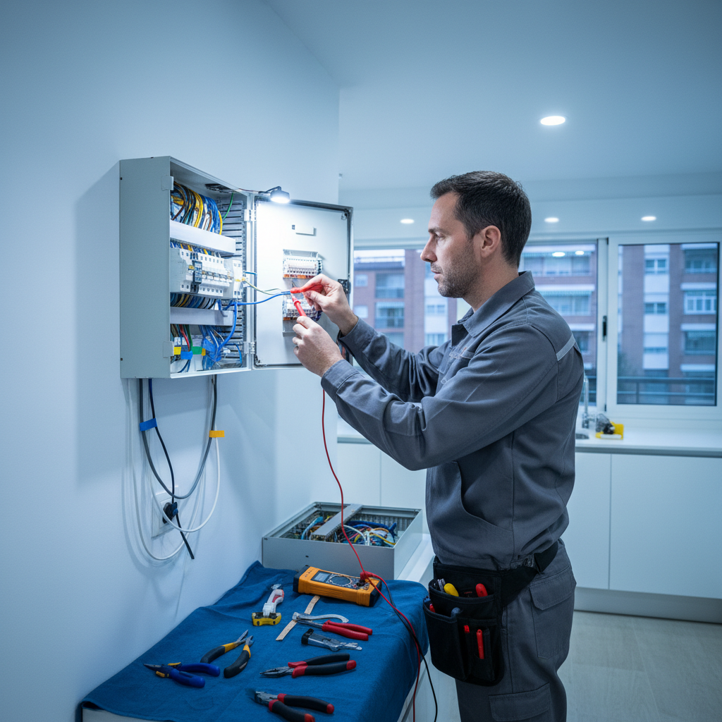 Técnico electricista revisando una toma de corriente residencial con herramientas aisladas