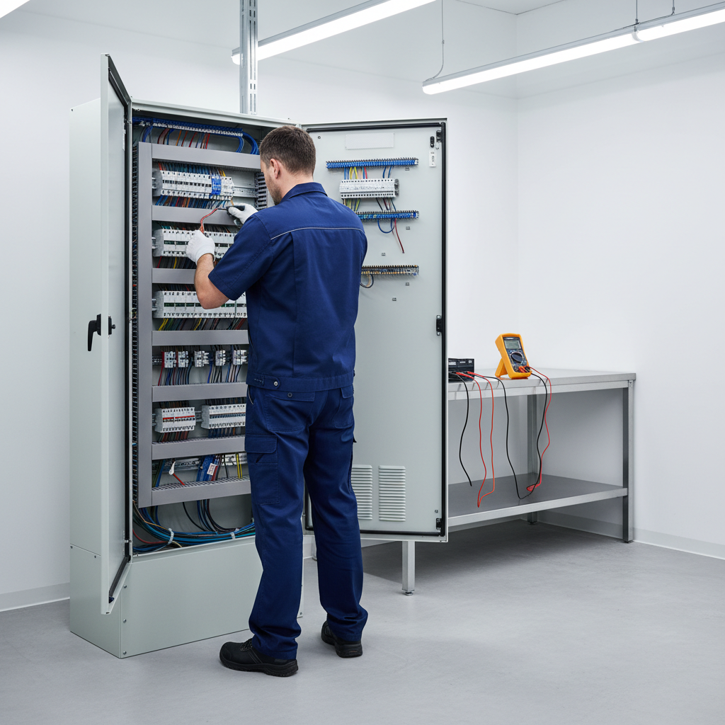 Electricista profesional inspeccionando un cuadro eléctrico en una vivienda de Madrid