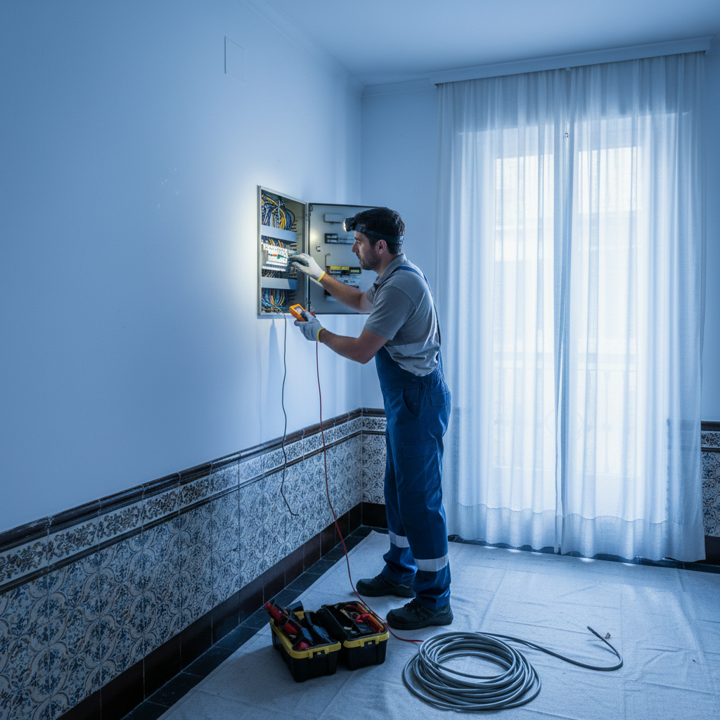 Técnico electricista realizando reparaciones eléctricas en un cuadro de distribución en Madrid Centro