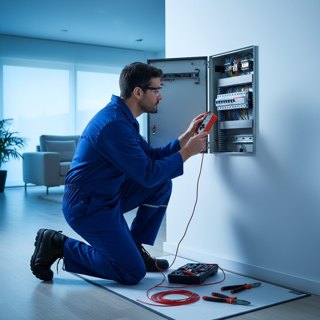 Electricista midiendo tensión en un cuadro eléctrico residencial en Pozuelo de Alarcón
