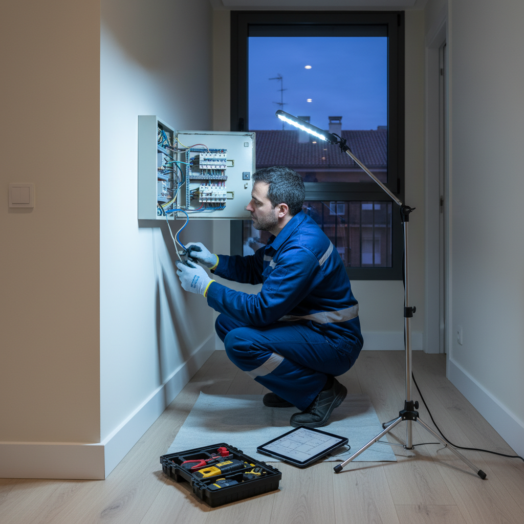 Técnico electricista comprobando un cuadro de protección eléctrico en una vivienda de San Sebastián de los Reyes