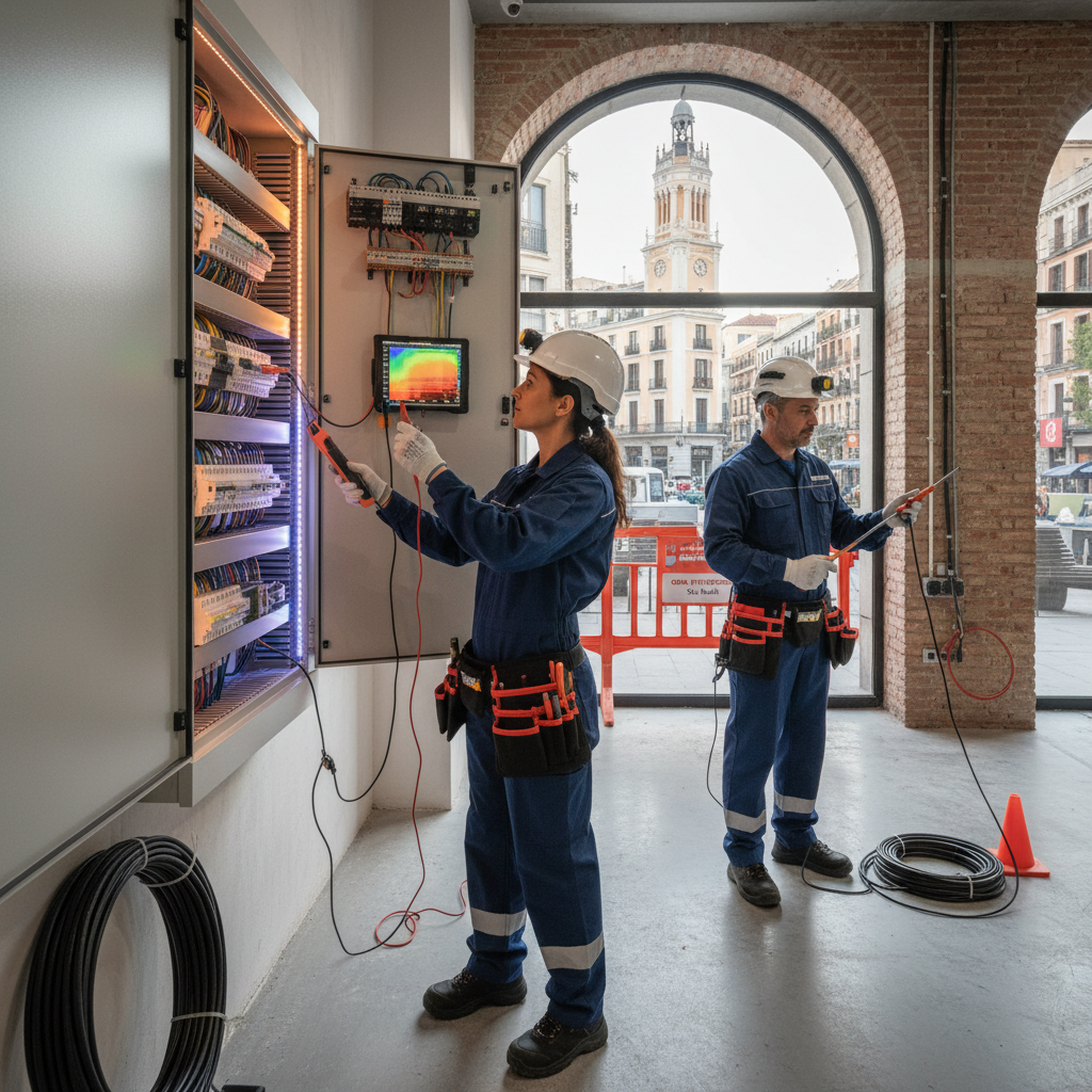 Electricista autorizado realizando pruebas técnicas para expedir el certificado de instalación eléctrica en un local comercial en el barrio de Sol, Madrid