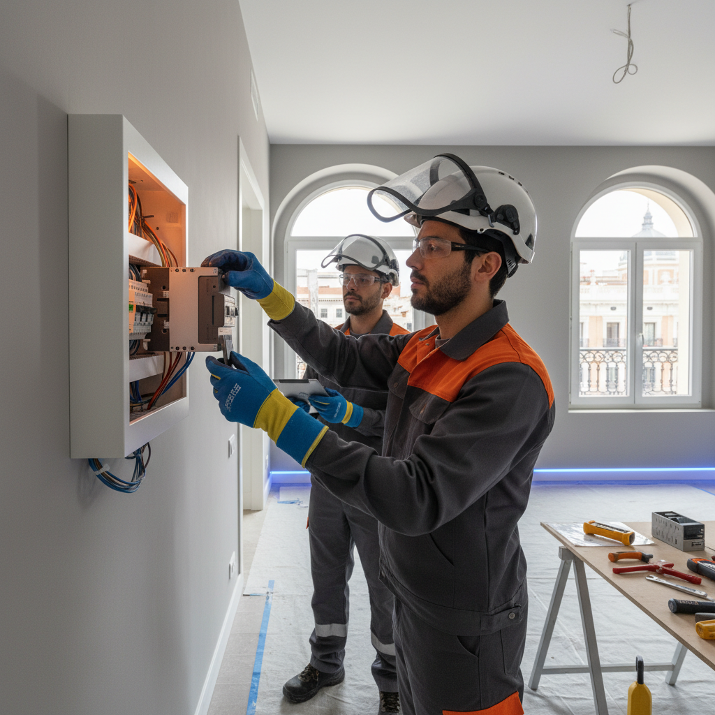 Electricista autorizado revisando un diferencial superinmunizado en un cuadro eléctrico moderno en Madrid